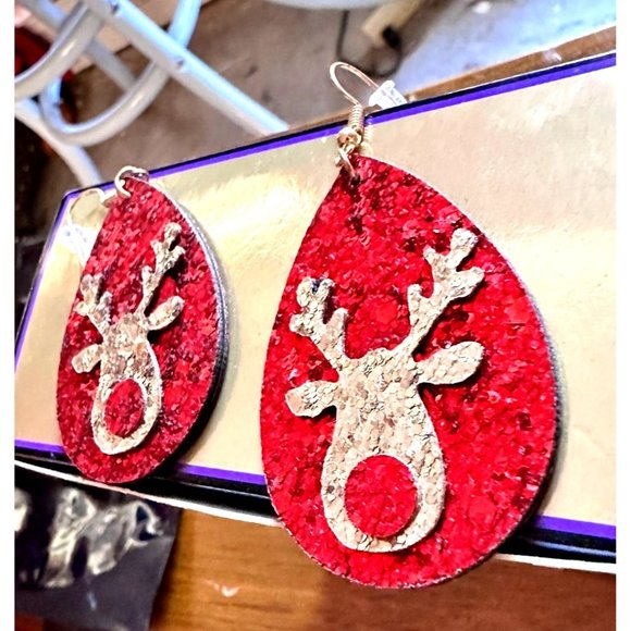 Rudolph Reindeer Earrings Christmas Handmade Whimsical Hooks Glitter Acc… - Picture 7 of 11